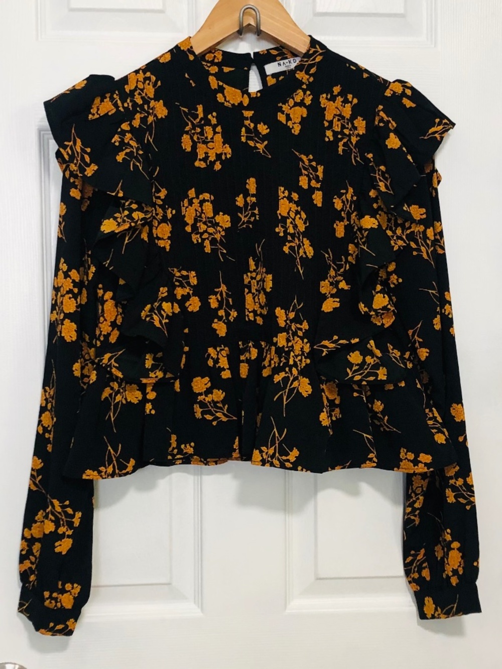 NA-KD Black Mustard Floral Ruffle Peplum Blouse Romantic Cottagecore Top EU36